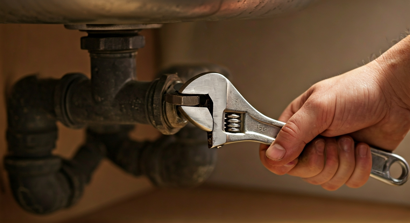 Close-up, professional photograph of a hand holding a wrench, about to tighten a pipe fitting under