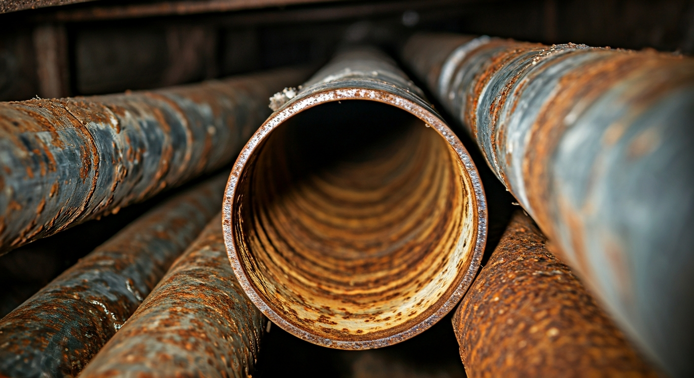 Close-up professional photo of corroded, rusty galvanized iron pipes inside a dimly lit crawl space.