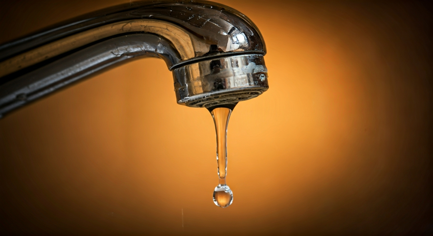 Close-up professional photograph of a dripping faucet in a residential setting, with water droplets
