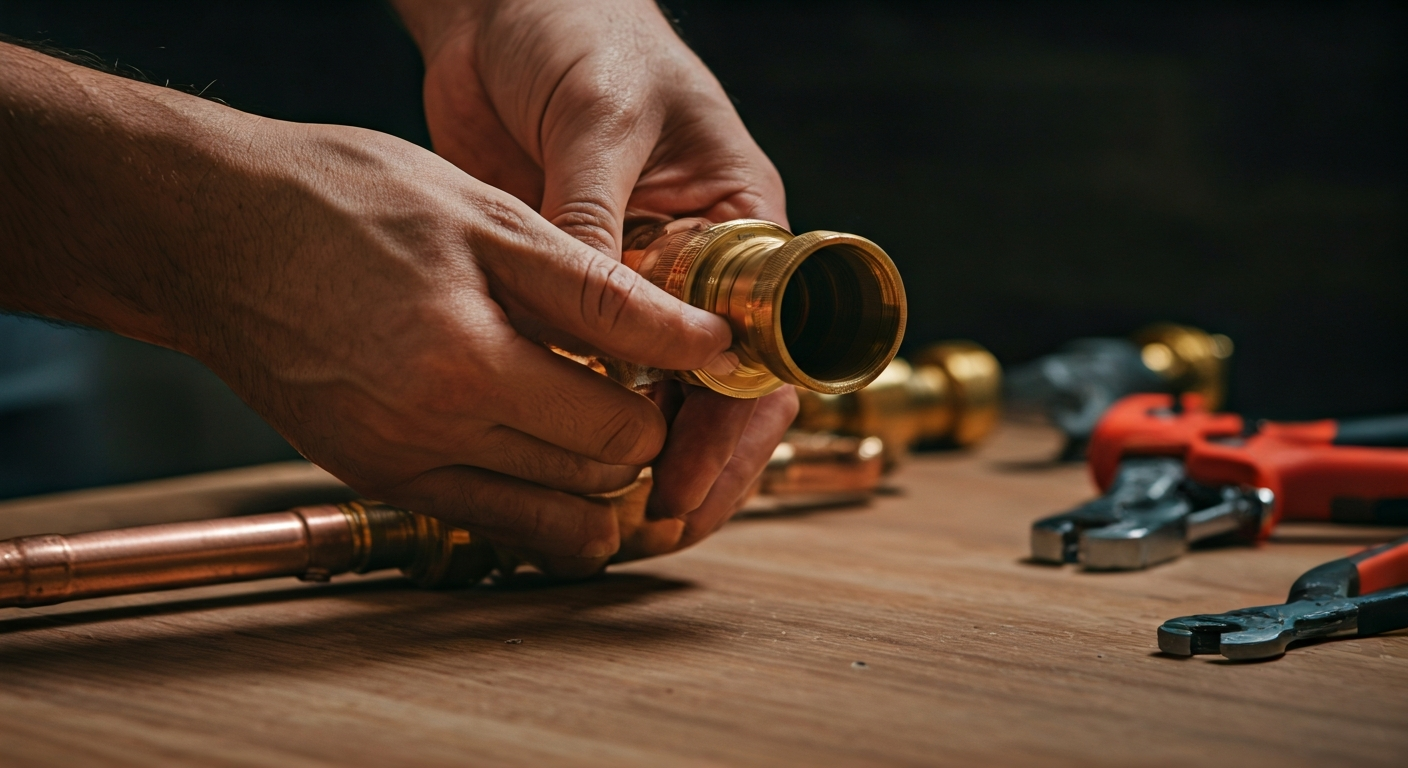 Professional photograph of a plumber's hands carefully inspecting a section of exposed copper piping