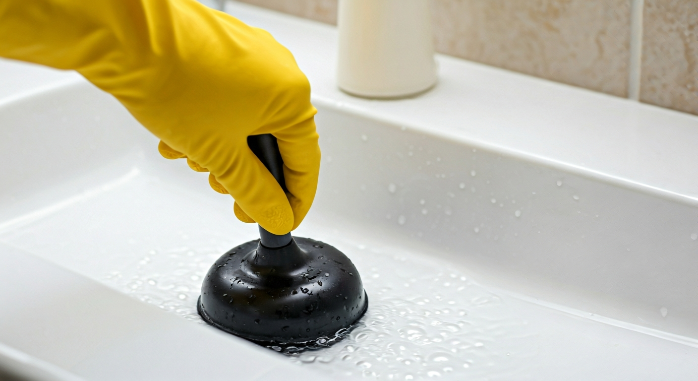 Close-up photo of a hand wearing a rubber glove using a plunger on a bathroom sink drain, water visi