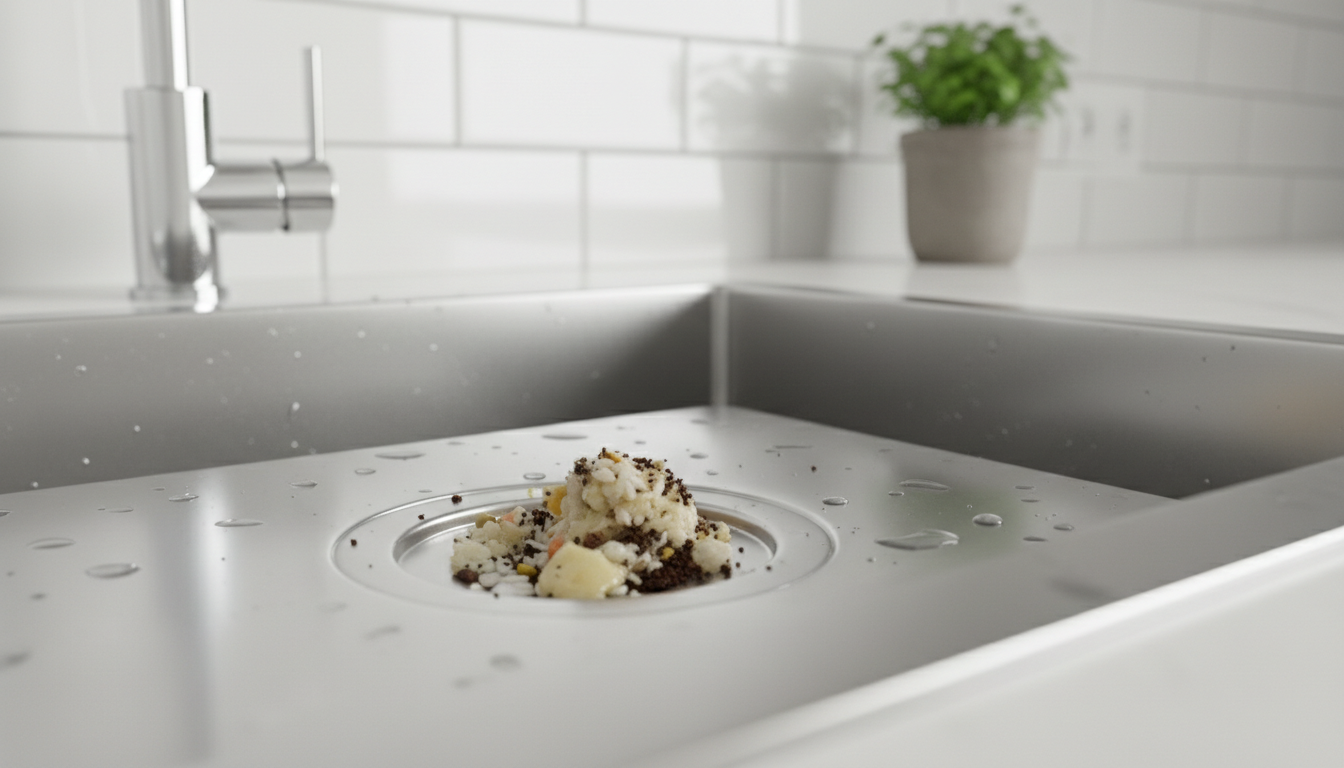 Close-up photo of a kitchen sink drain with a small pile of food scraps and grease, illustrating a c