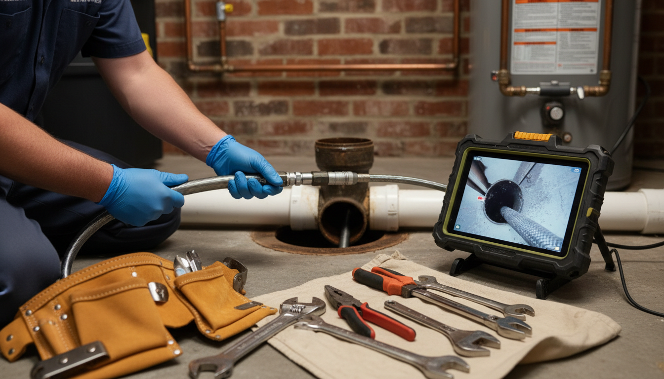 Professional photo of a skilled plumber using specialized equipment (like a snake or camera) to insp
