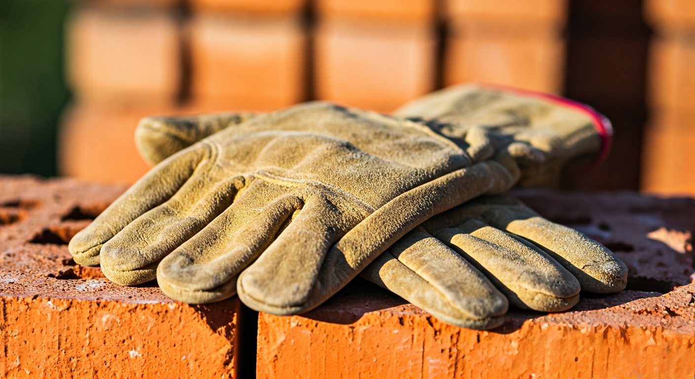 Close-up photo of a pair of sturdy work gloves, possibly leather, with a hint of dust, resting on a