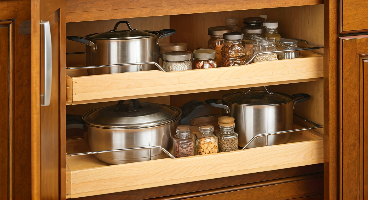 Close-up professional photo of a well-organized kitchen cabinet interior, showcasing stacked pots, s