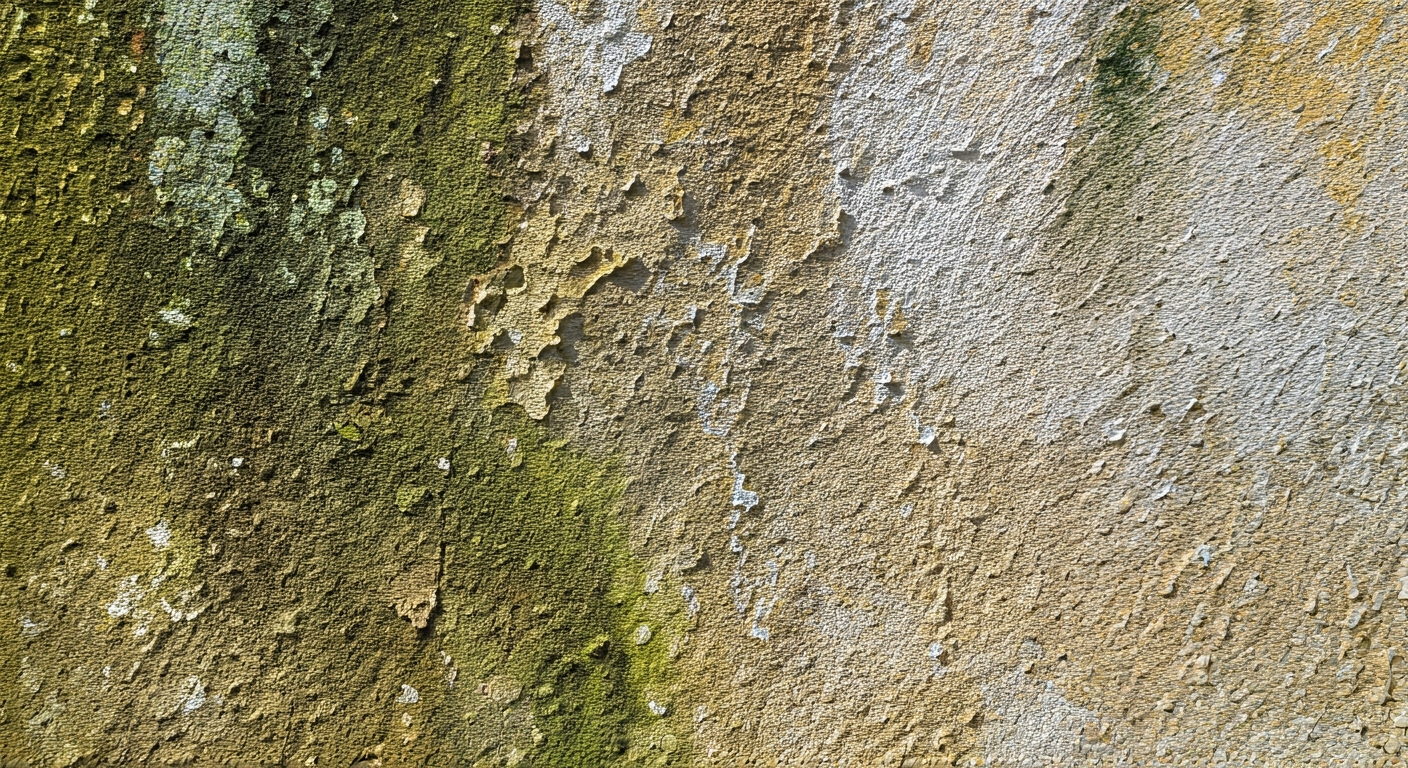 Close-up, professional photograph of a wall surface with visible signs of water damage and mold, und