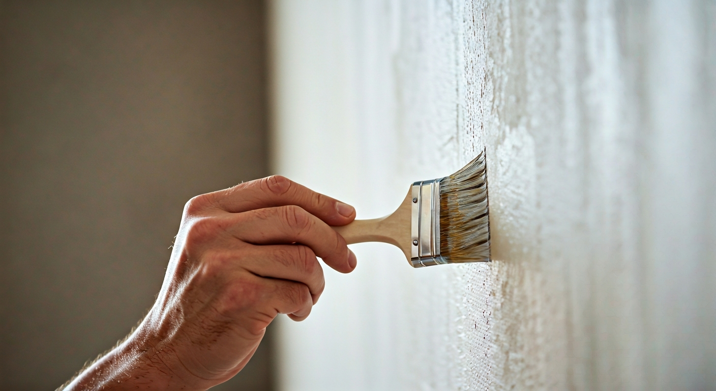 Close-up photo of a painter's hands carefully applying paint to a textured wall using a brush, focus