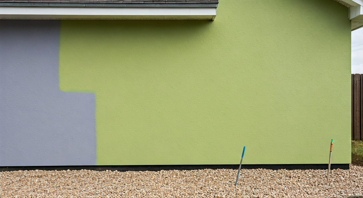 Professional photo of a house facade with a recently painted wall, showcasing the smooth finish and