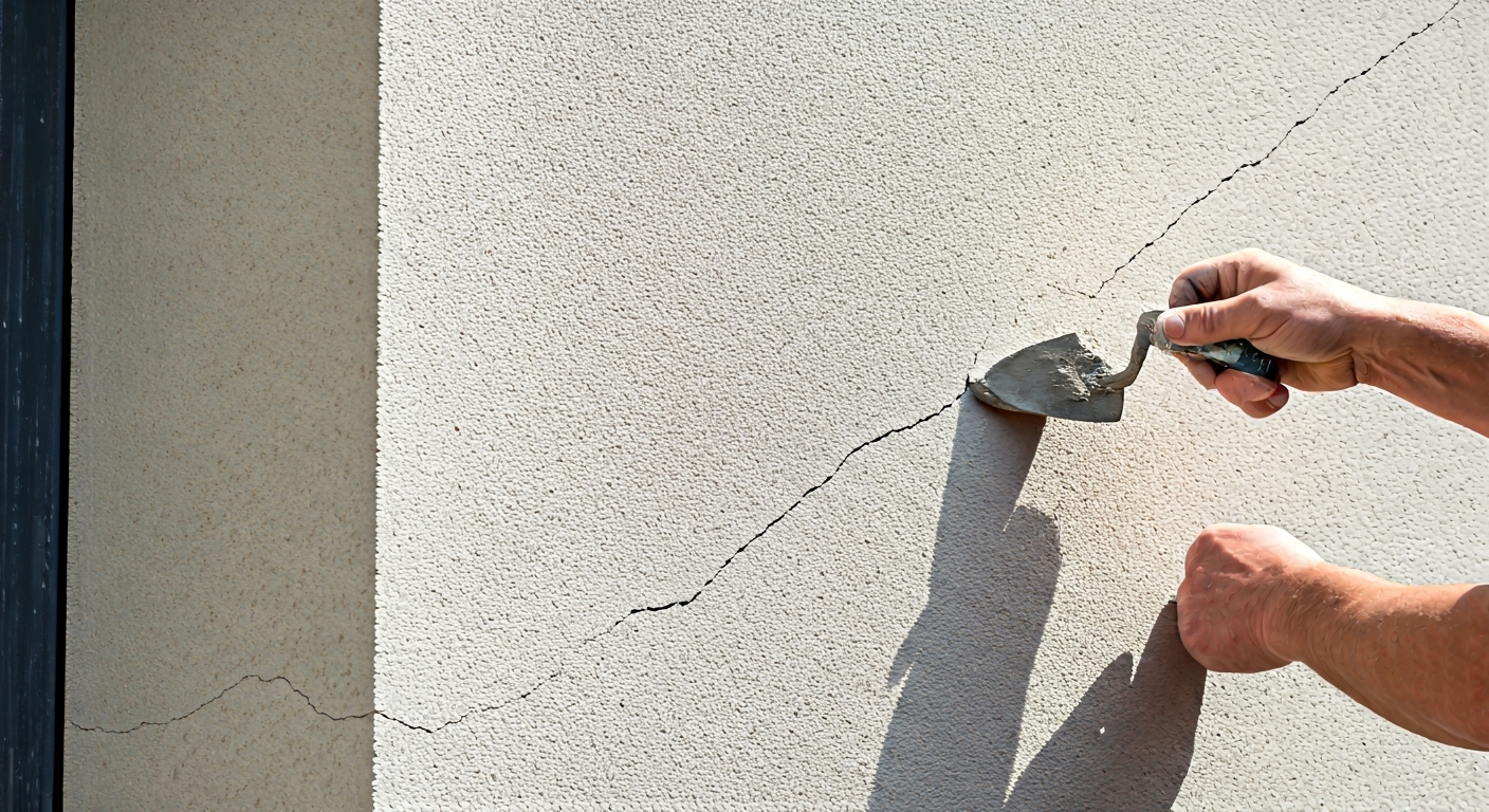 Professional photo of a house facade undergoing preparation for painting. A worker is shown carefull