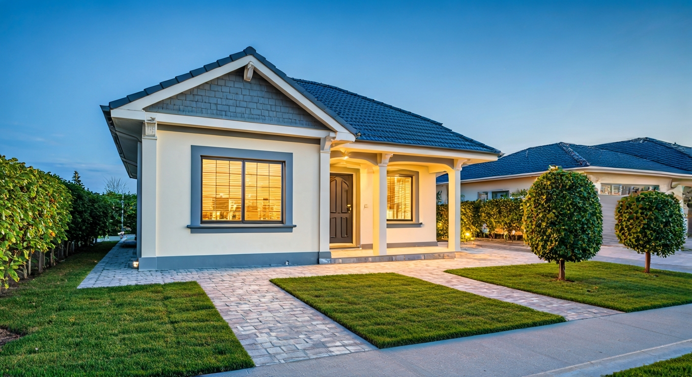 Professional photo of a beautifully renovated house facade after exterior painting, showcasing a har