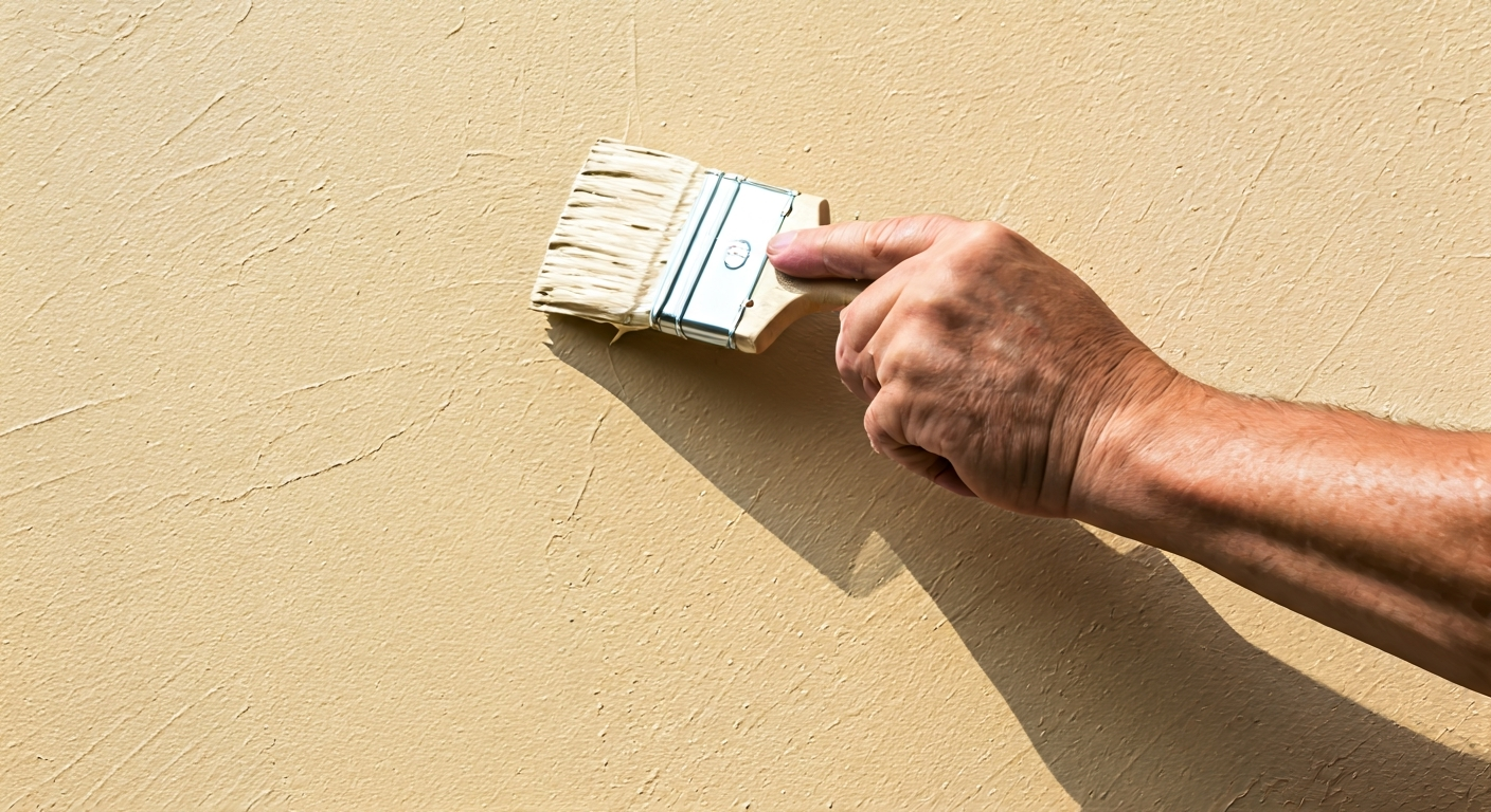 Close-up professional photo of a painter's hands carefully applying a smooth coat of exterior paint