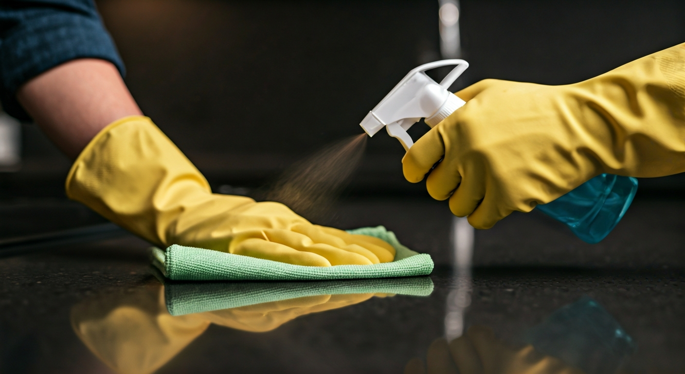 Close-up photo of hands wearing rubber gloves, holding a spray bottle and a microfiber cloth, cleani