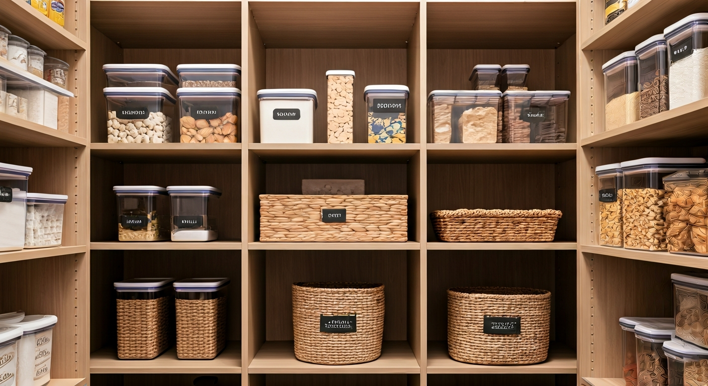 Professional photo of neatly organized shelves in a pantry or closet, filled with clear storage cont