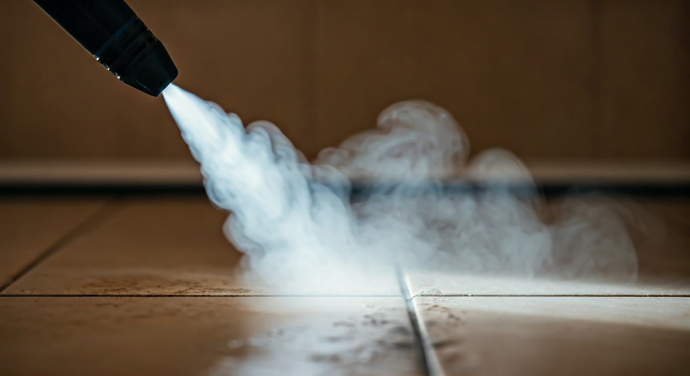 Close-up, professional photograph of a handheld steam cleaner nozzle releasing a powerful jet of ste