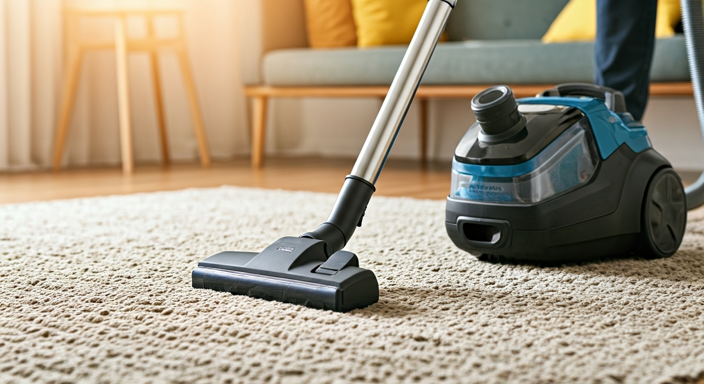 Professional, eye-level photograph of a modern vacuum cleaner with specialized attachments being use