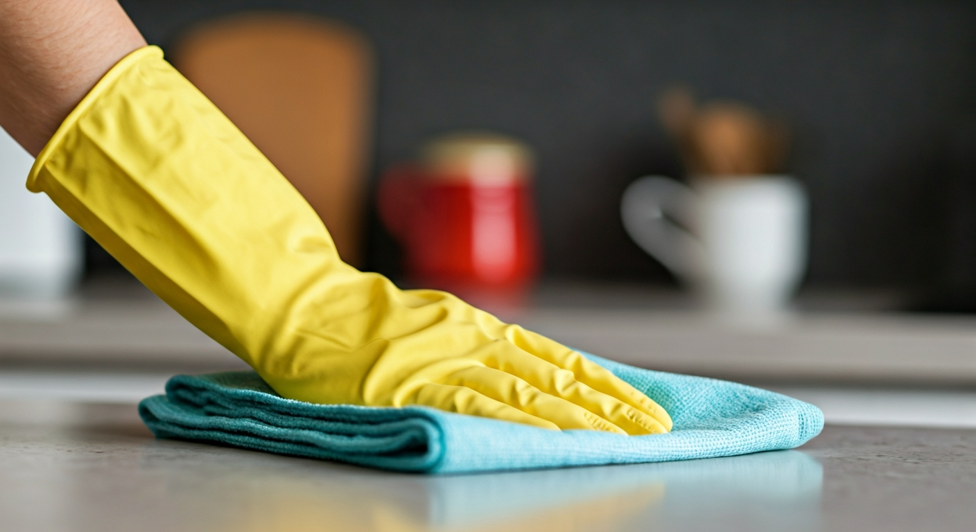 Close-up photo of a professional cleaner's hands carefully wiping down a kitchen counter with a micr