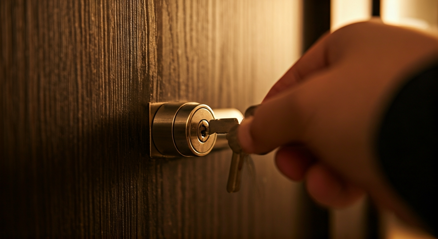 Close-up professional photo of a hand inserting a key into a high-security multi-point lock on a dar