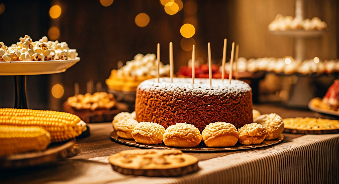 Close-up professional photography of a beautifully arranged Festa Junina food table, featuring tradi