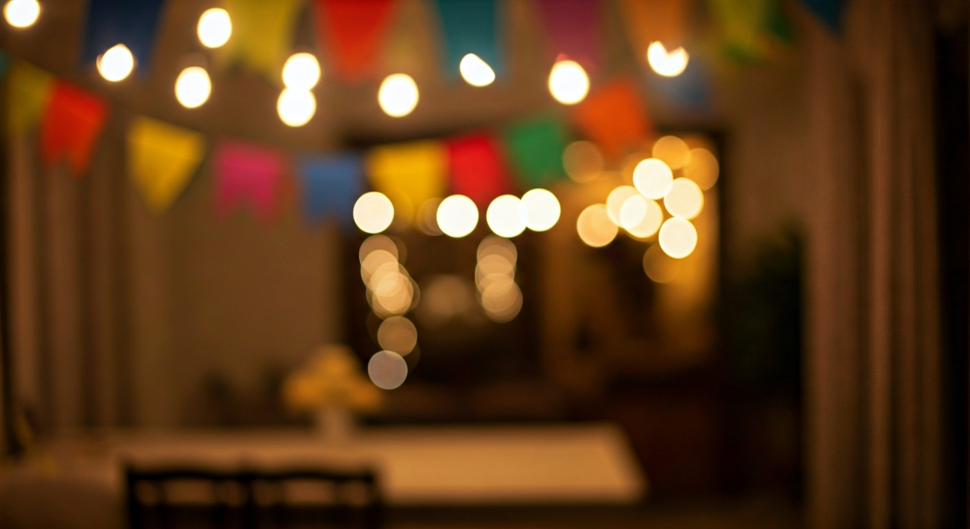 Professional photography showing a safe and festive Festa Junina decoration in a home setting, focus