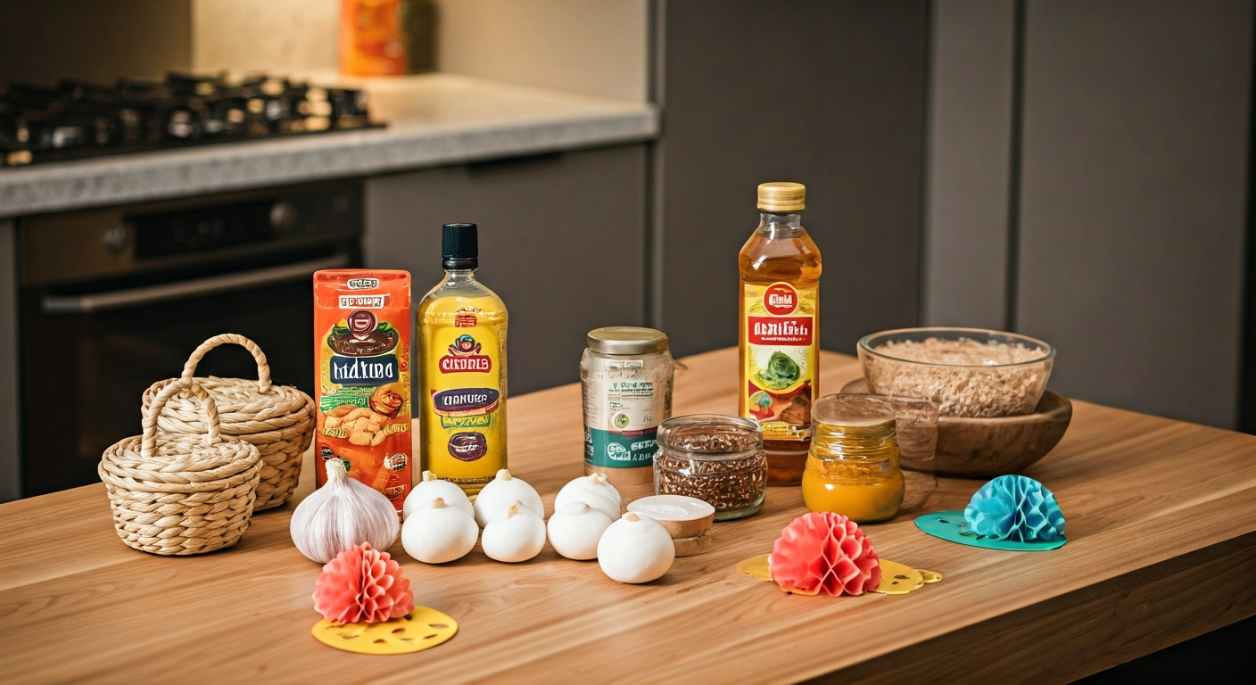 Professional photo of a sparkling clean kitchen counter with ingredients for Festa Junina recipes, s
