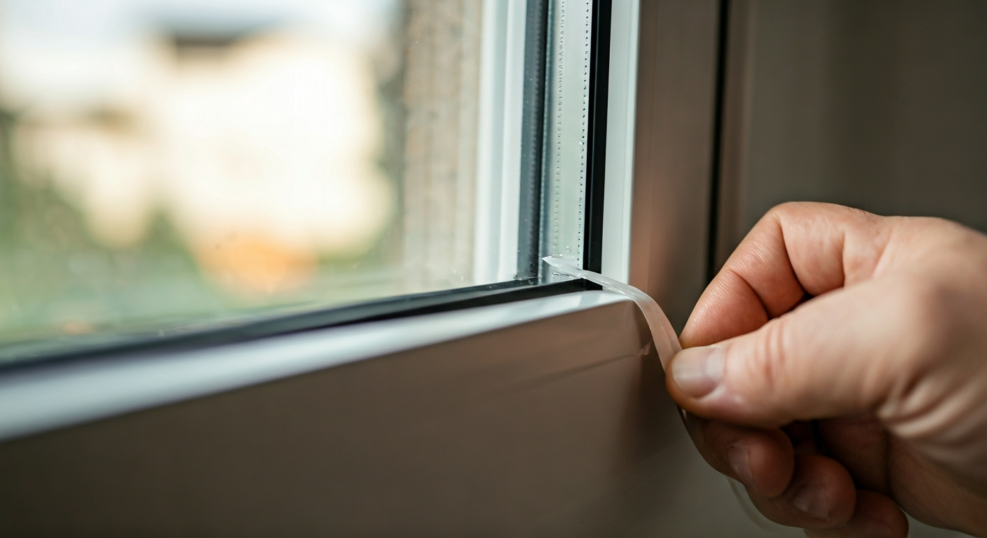 Close-up photo of a hand applying weatherstripping tape to a window frame, showing the material and
