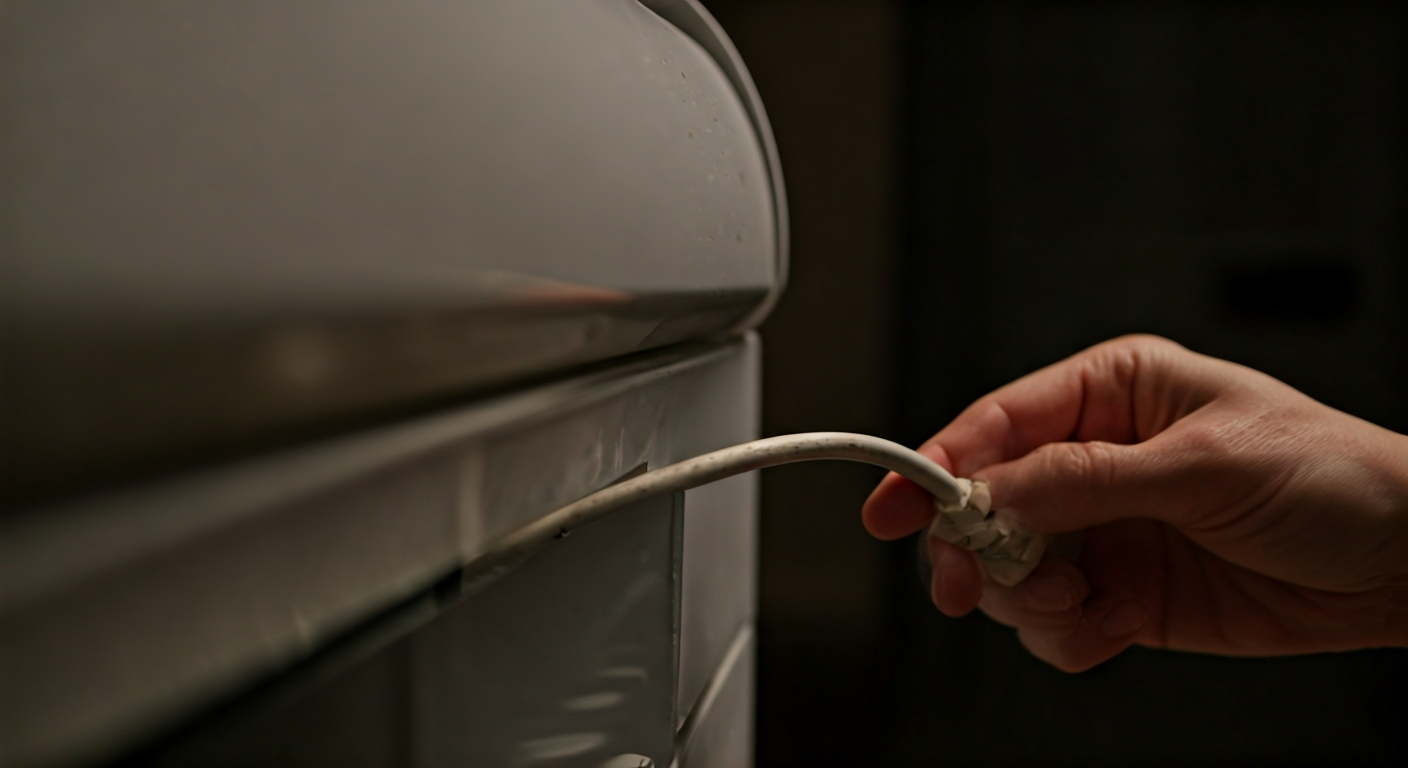 Close-up photo of a hand carefully inspecting the cord of an electric heater, checking for any signs