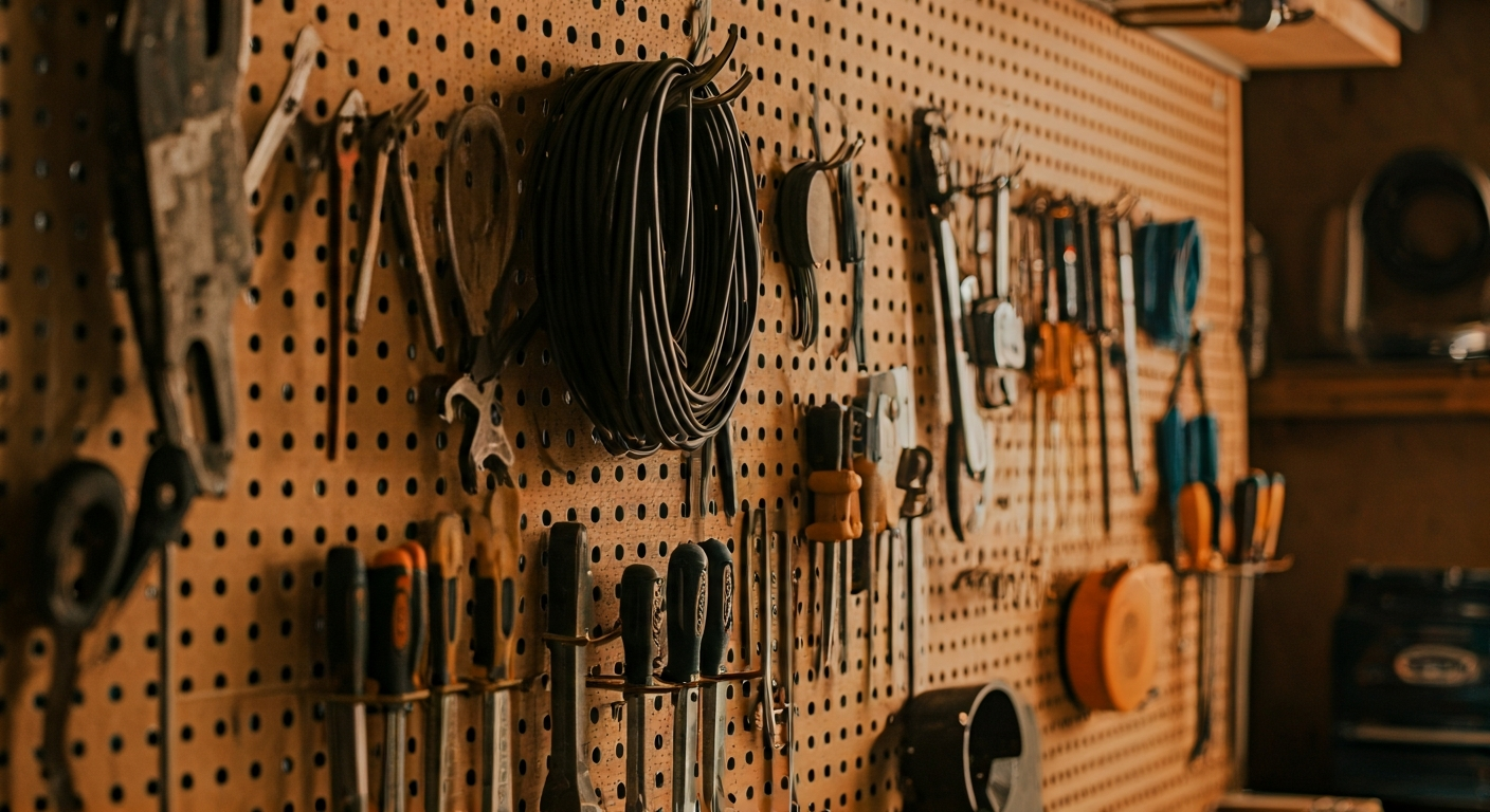 Close-up photo of various tools neatly hung on a pegboard in a garage, with a focus on organization