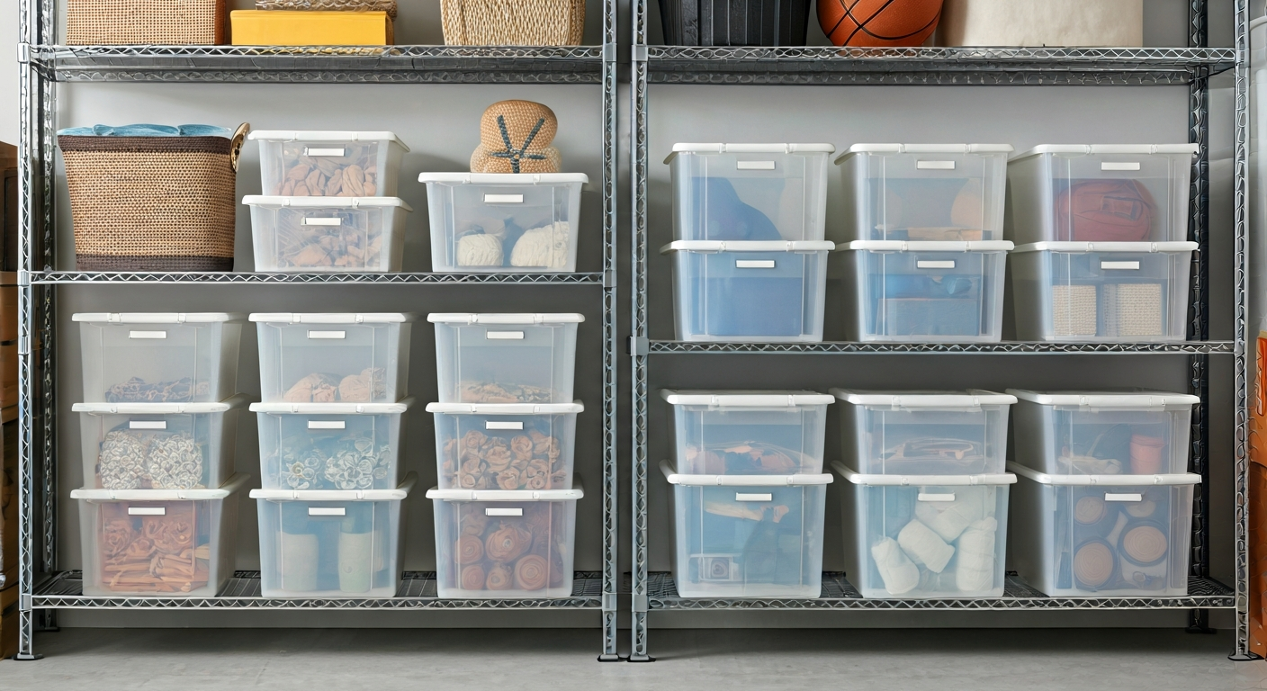 Professional photo of plastic storage bins with clear labels, neatly stacked on metal shelves in a g