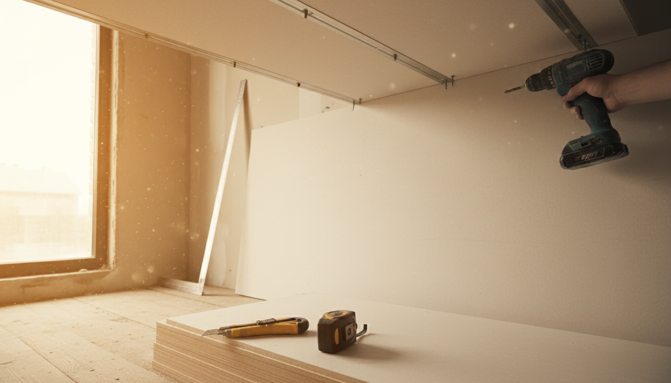 Close-up photo of a skilled gypster carefully installing a gypsum board on a ceiling, showing tools