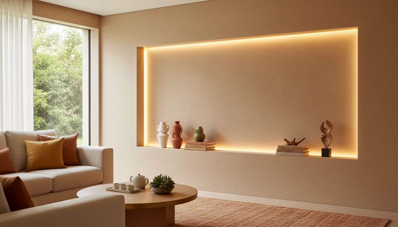 Professional photo of a beautifully designed room featuring a gypsum wall niche with integrated LED