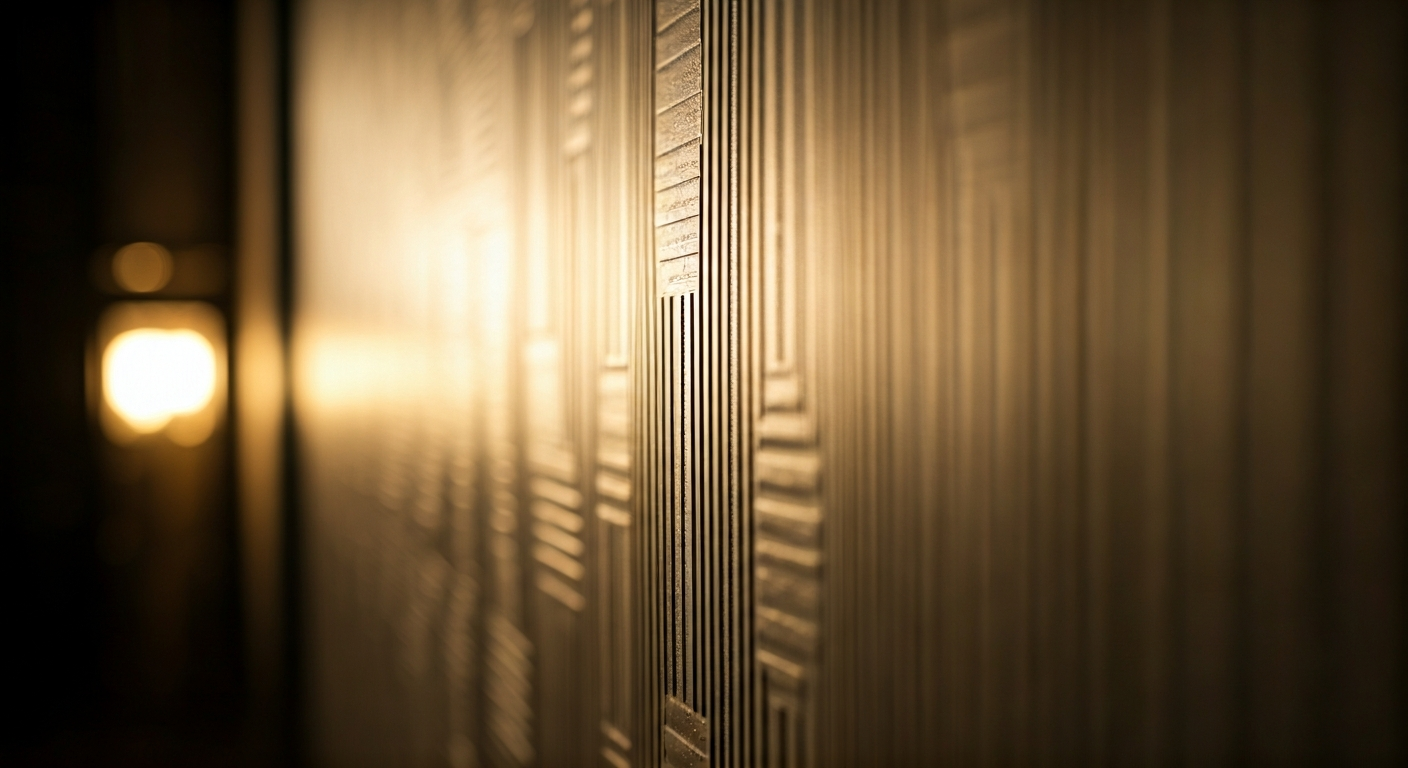 Close-up professional photo of a textured 3D drywall panel on a wall, showcasing intricate geometric
