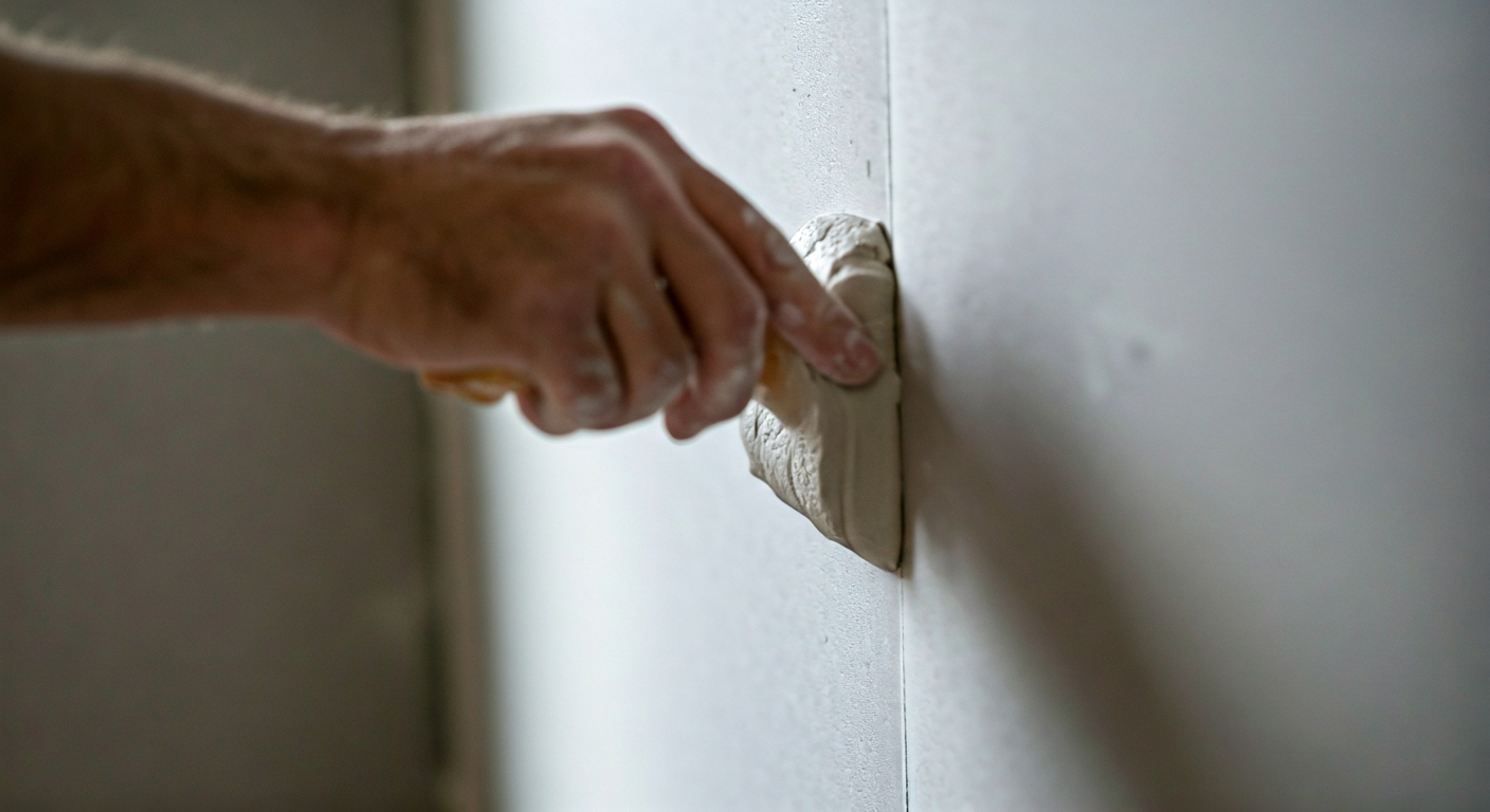 Close-up, professional photograph of a seamless gypsum partition wall being installed in a residenti