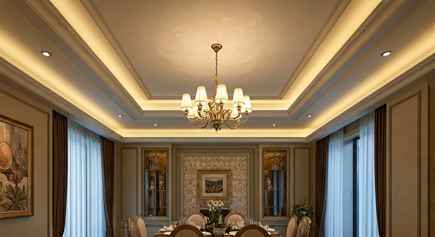 Professional photograph showcasing a sophisticated ceiling design in a dining room, crafted with gyp