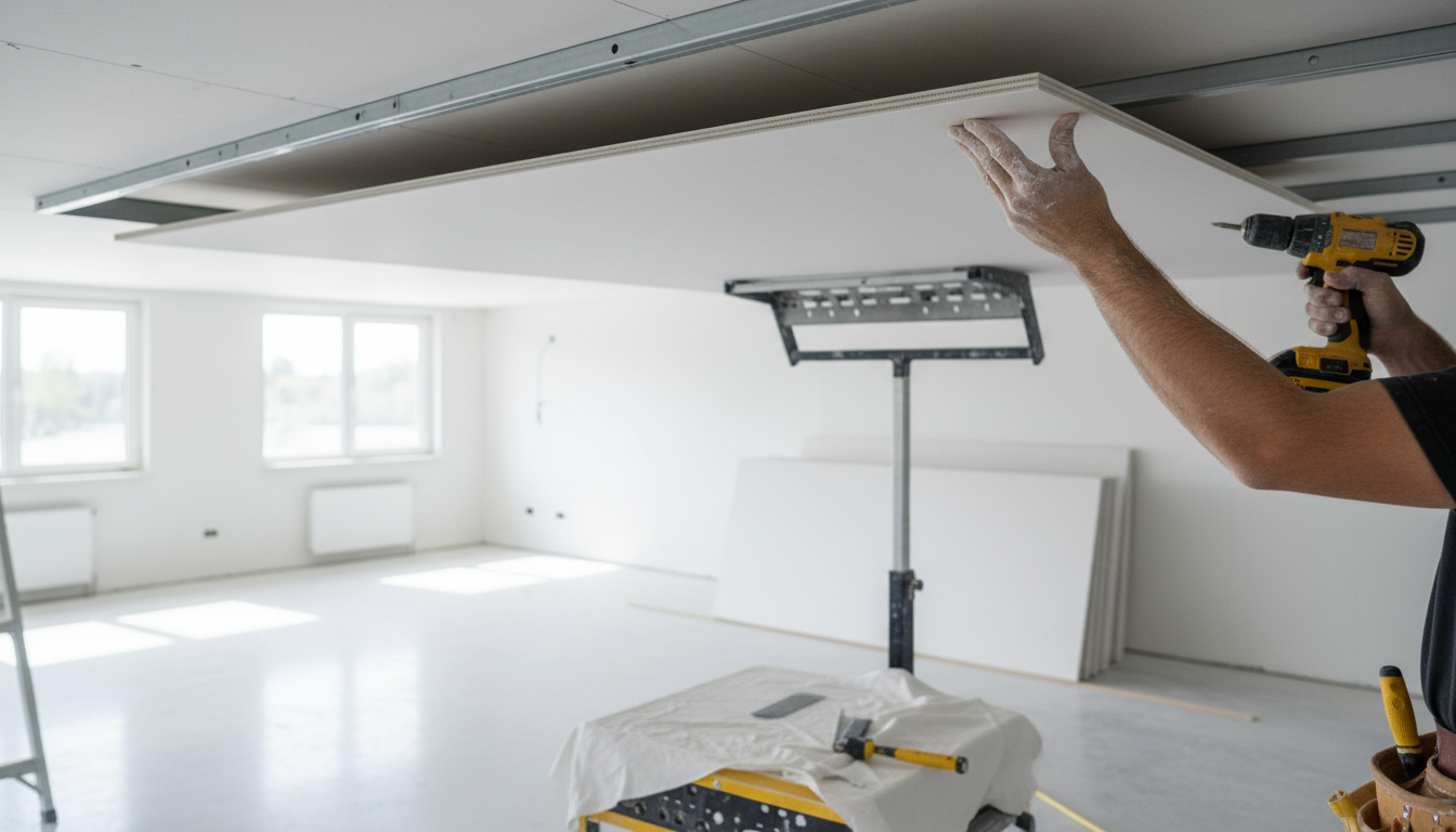 Close-up photo of a skilled professional gypster's hands precisely installing a gypsum ceiling board