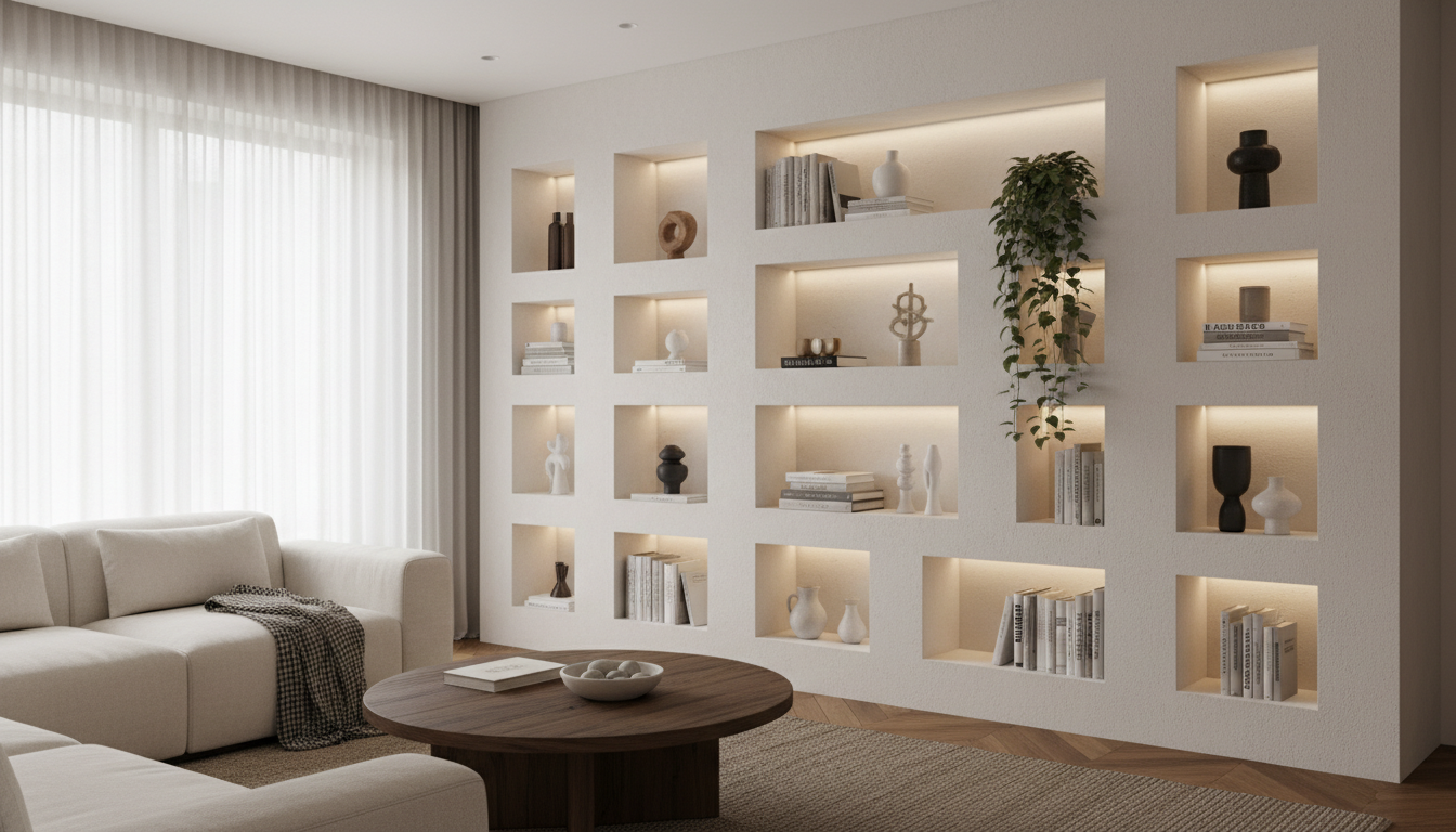 Professional photo of a stylish room featuring a gypsum wall with integrated niches and shelving, be