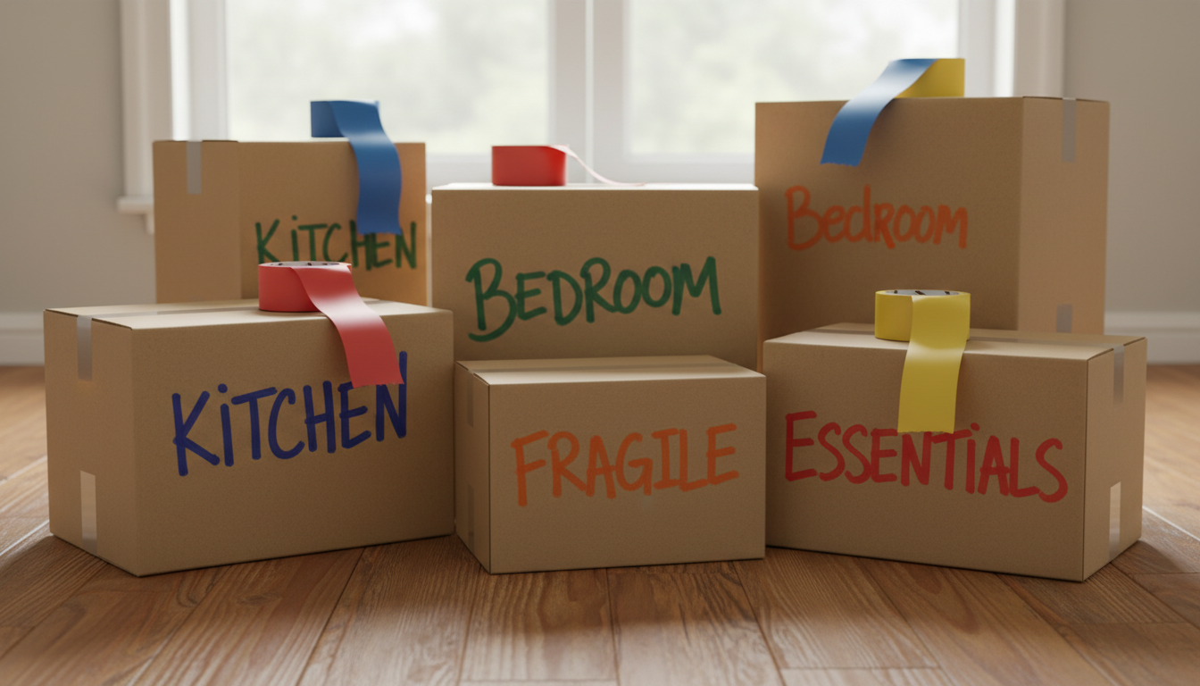 Close-up photo of various moving boxes labeled clearly with 'Kitchen', 'Bedroom', 'Fragile', and 'Es