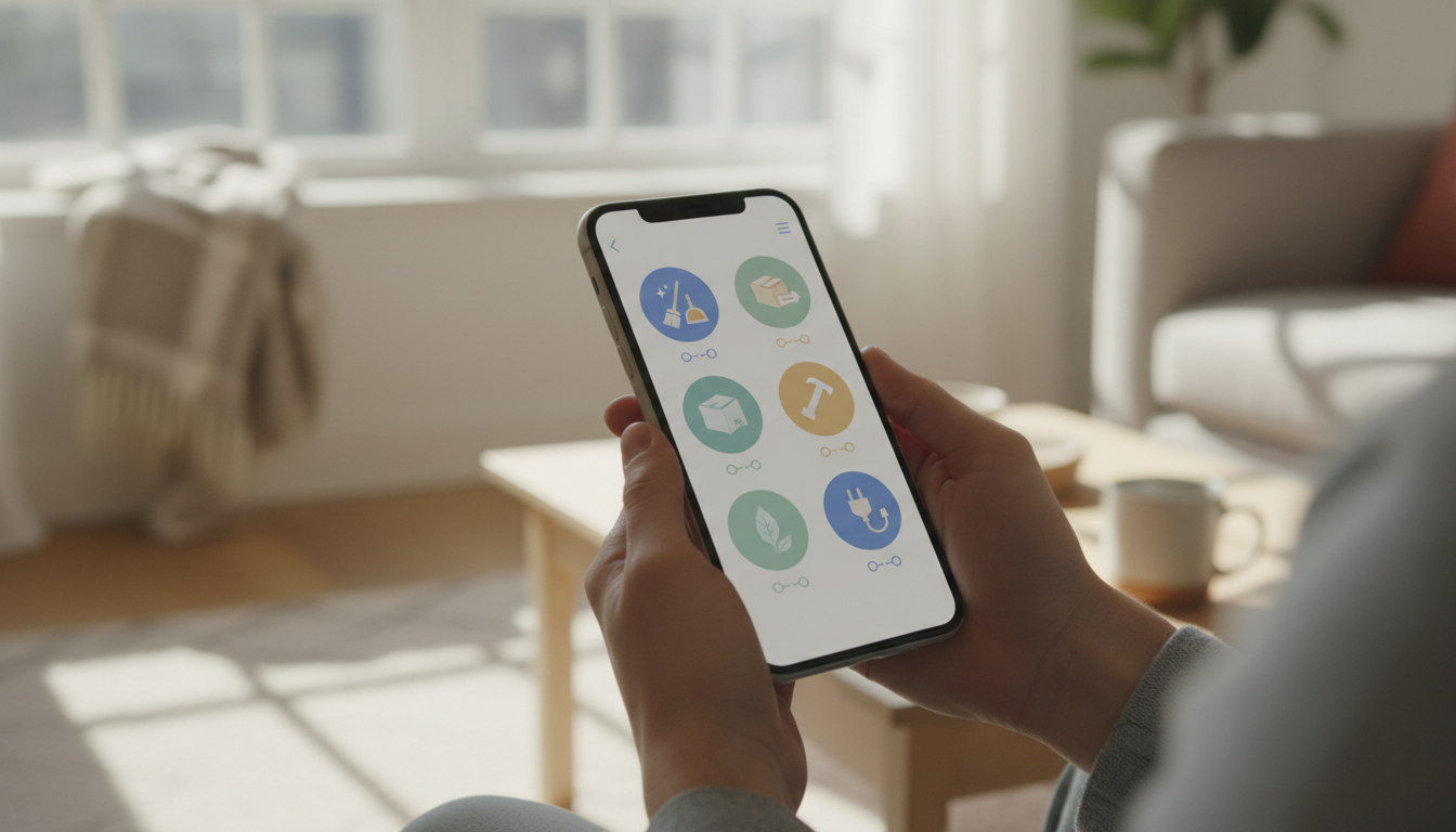 Professional photo of a person using a smartphone to browse a service marketplace app, with icons re
