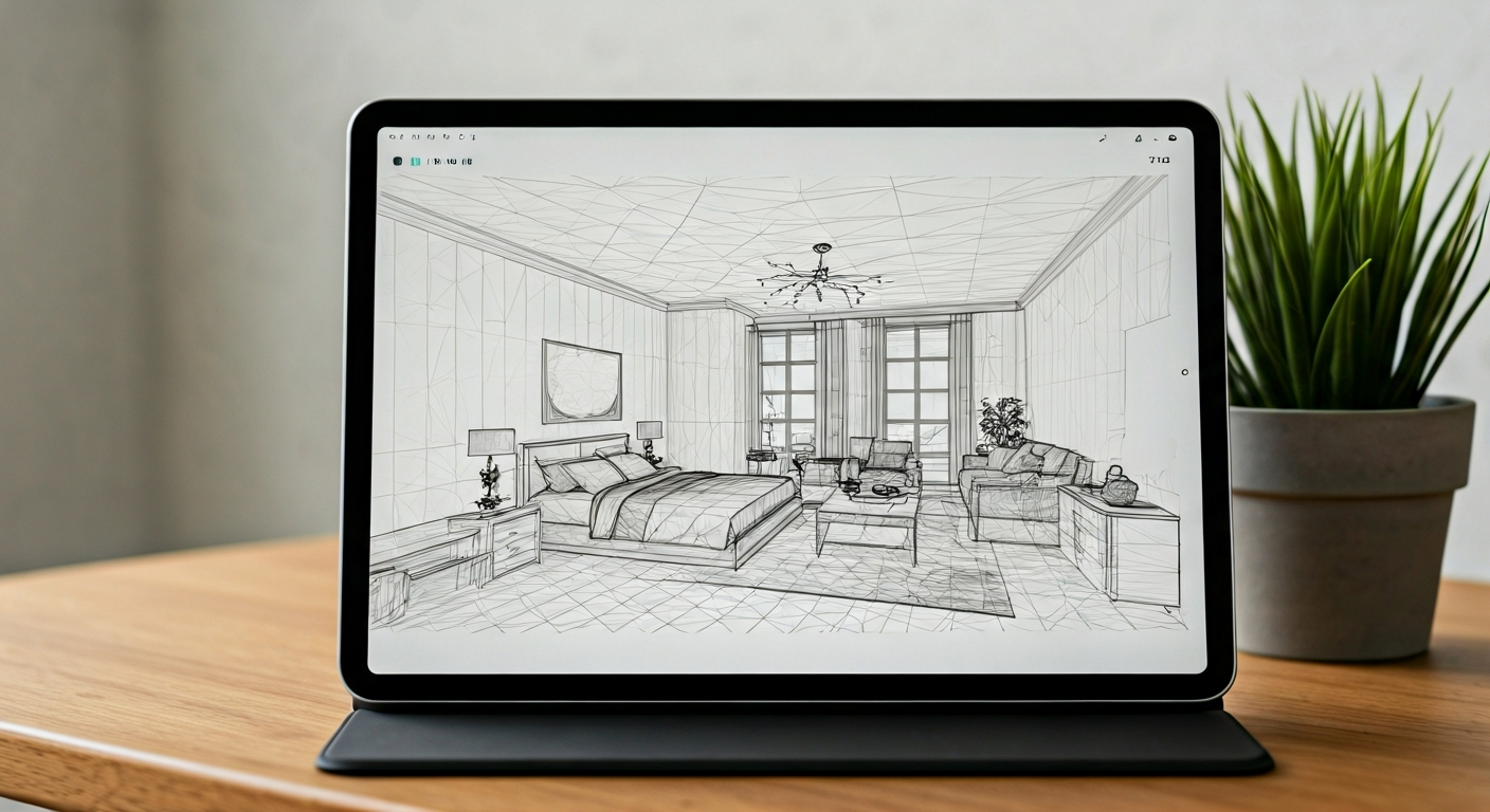 Close-up photo of a tablet screen displaying an AI-generated 3D rendering of a bedroom interior. The