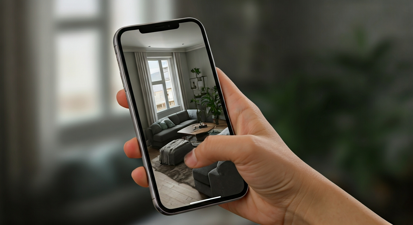 Close-up photo of a hand holding a smartphone displaying a 3D interior design visualization generate