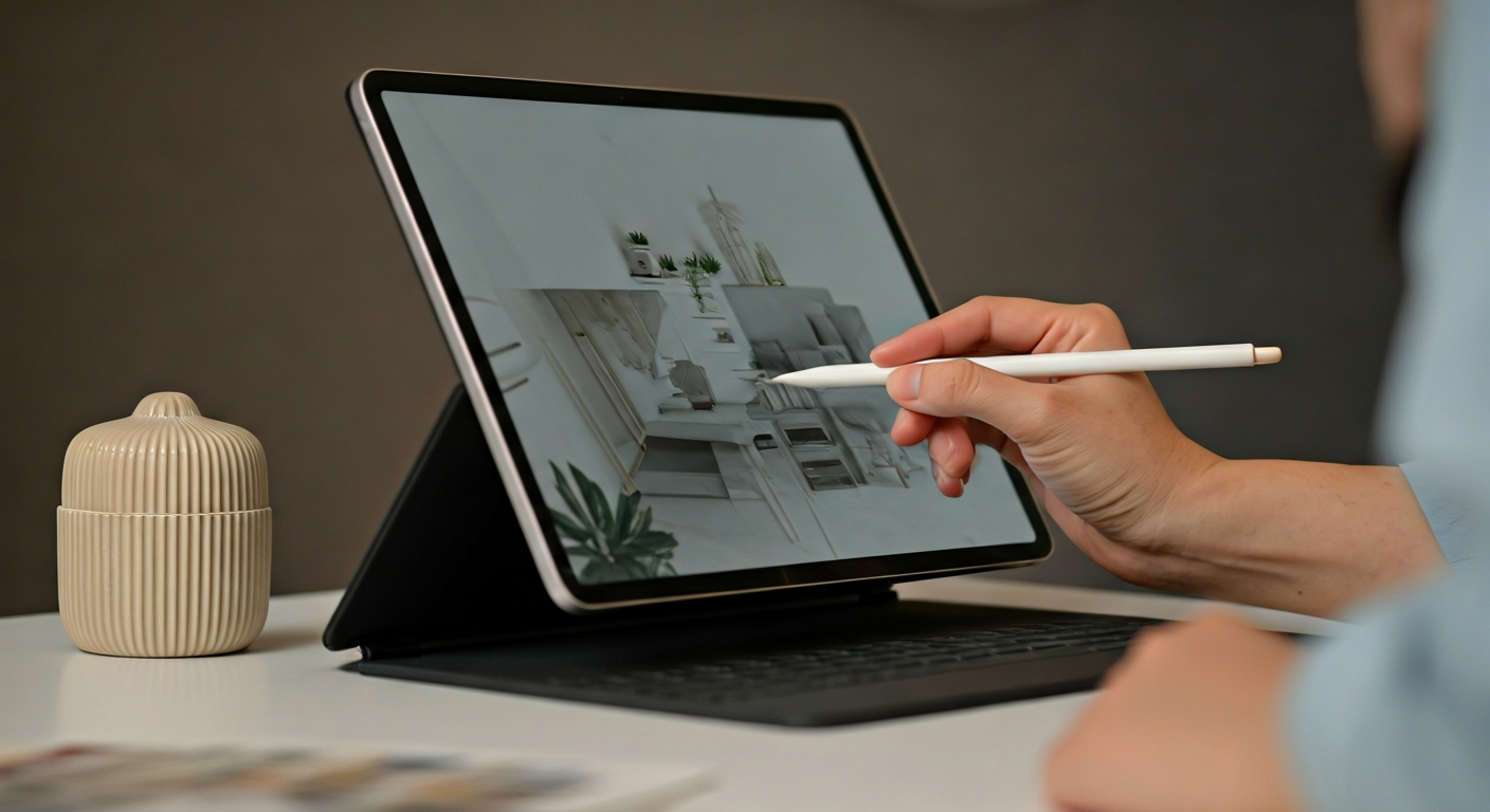 Professional photo of a designer using an AI-powered tablet to create mood boards and style suggesti