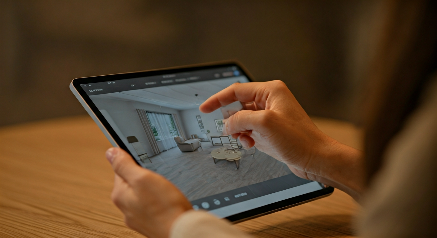Close-up photo of a hand using a tablet displaying a 3D room visualization with furniture placement