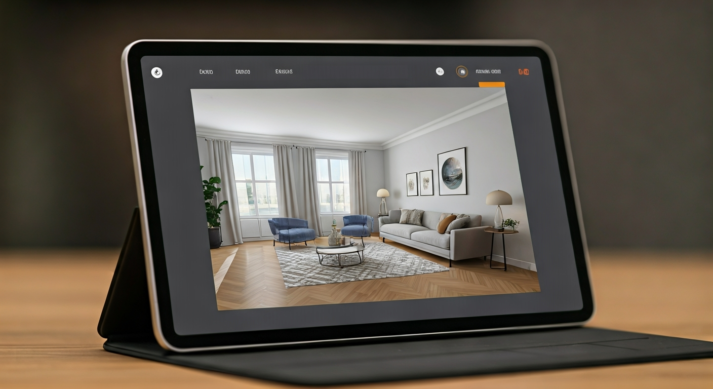 Close-up professional photo of a tablet displaying a 3D rendering of a living room with furniture op