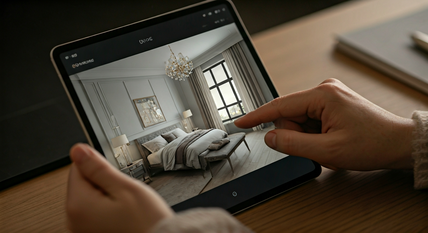 Close-up professional photograph of a hand using a tablet displaying an AI-generated 3D rendering of