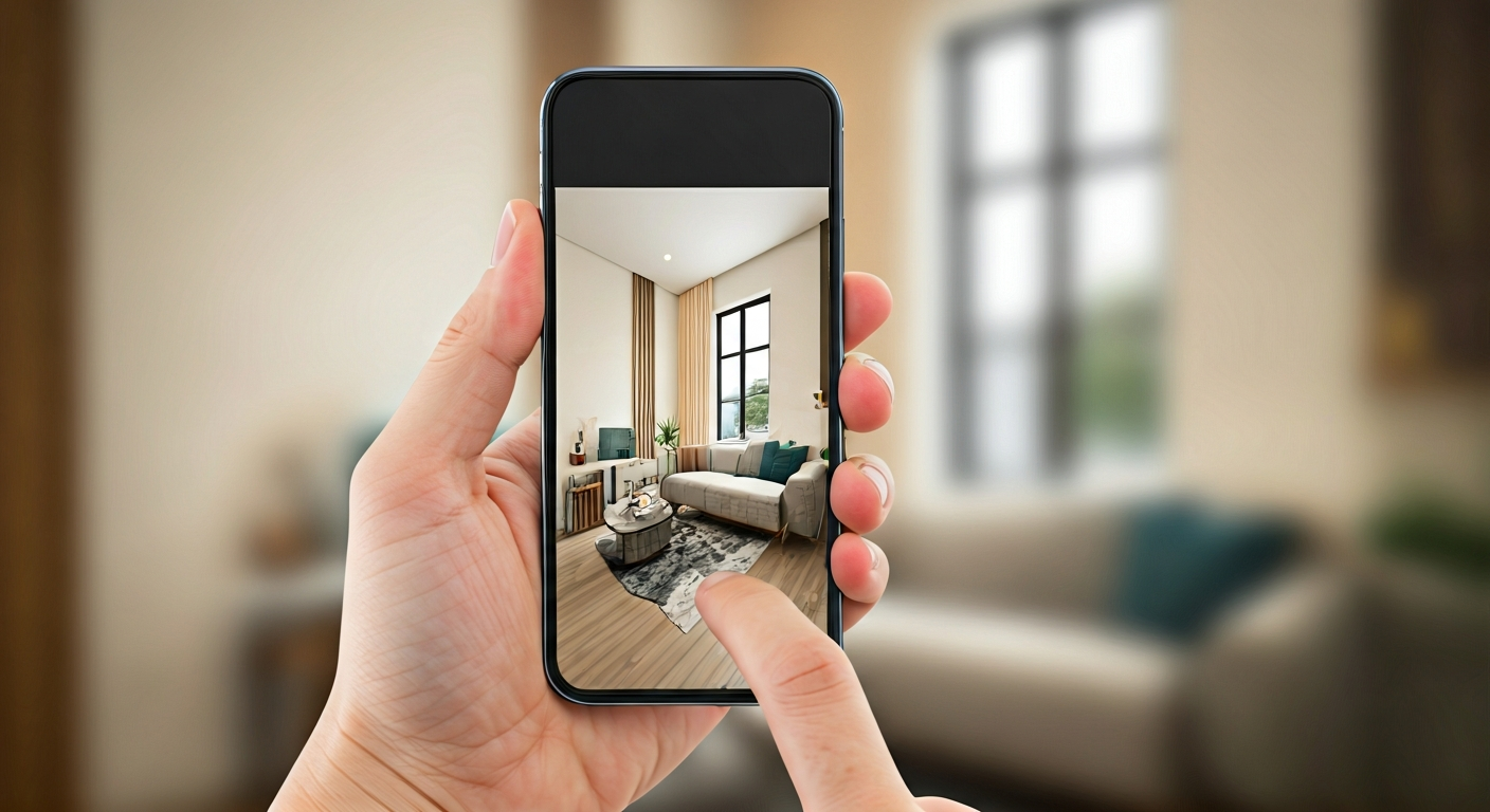 Close-up photo of a hand holding a smartphone displaying a 3D interior design visualization on scree