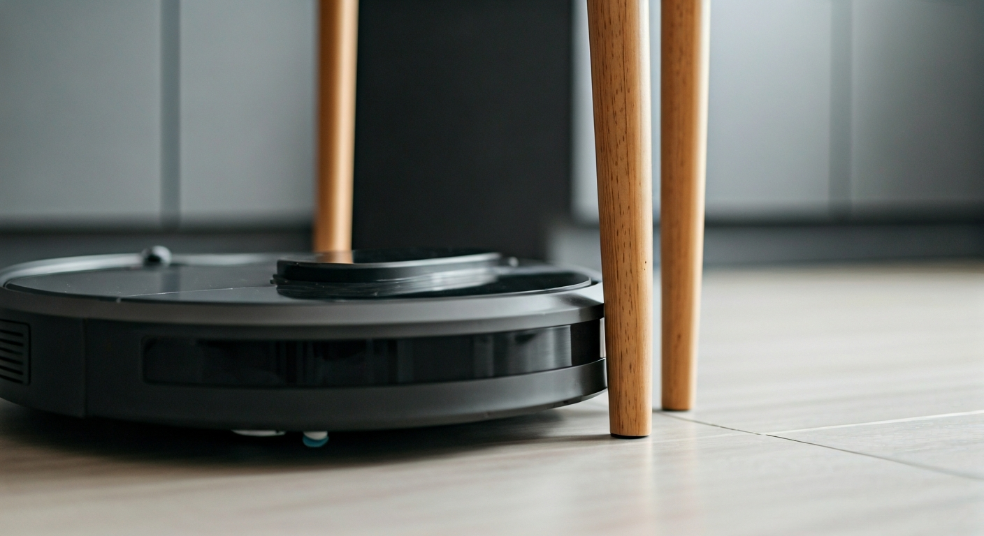 Close-up photo of a sophisticated robotic vacuum cleaner navigating around a table leg in a clean, m