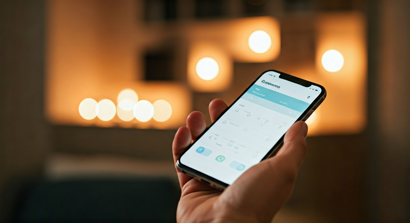Close-up photo of a hand holding a smartphone, displaying a smart home app interface with lighting c