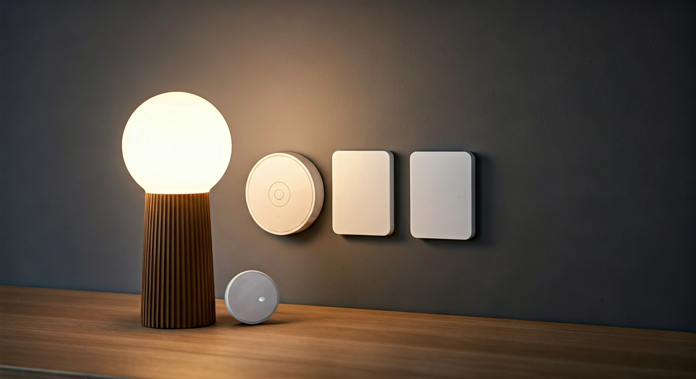 Professional photo showcasing various smart lighting devices installed in a home: a smart bulb in a