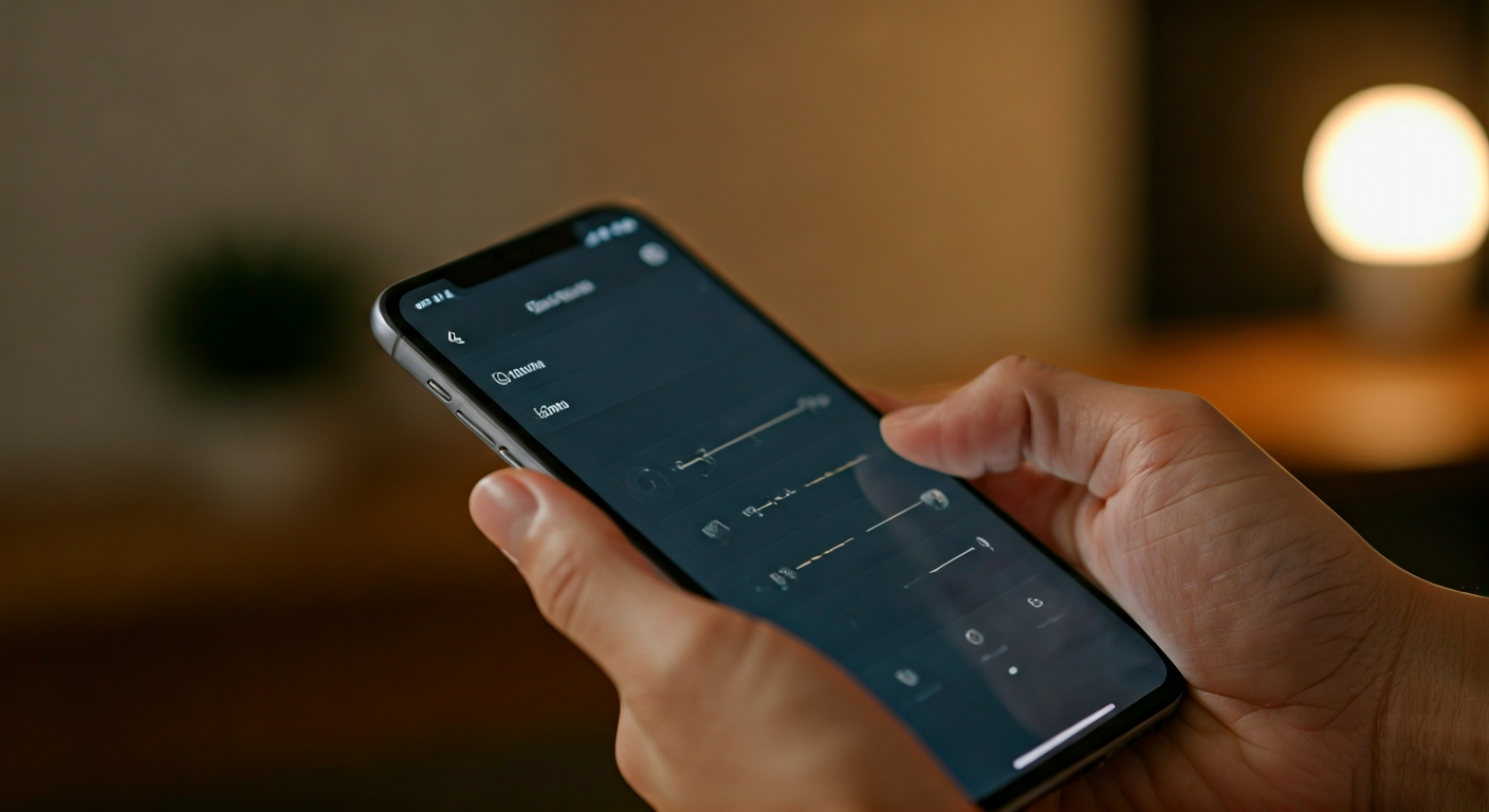Close-up photo of a person's hand using a smartphone app to control smart lights in a home. The app