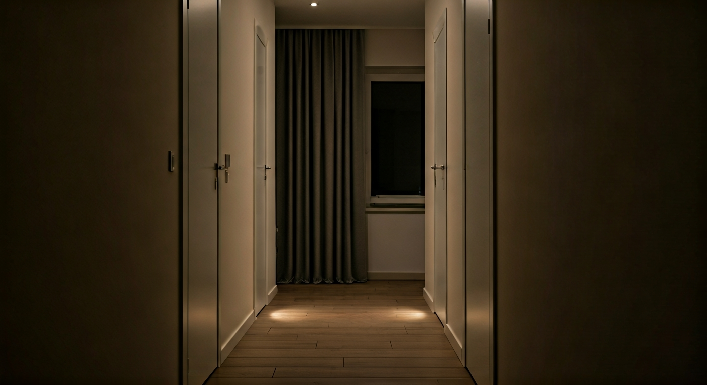 Professional photo of a hallway in a house at night. Smart lights are subtly illuminating the path,