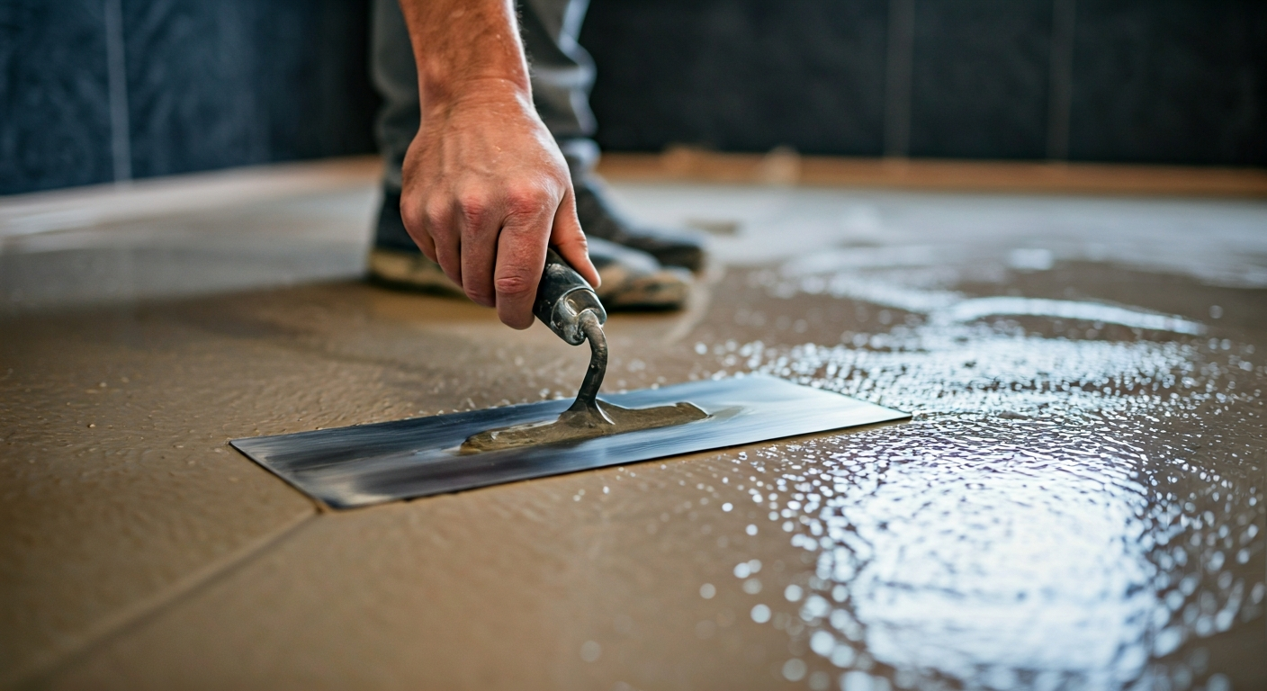 Close-up photo of a skilled worker applying a liquid waterproofing membrane to a bathroom floor with